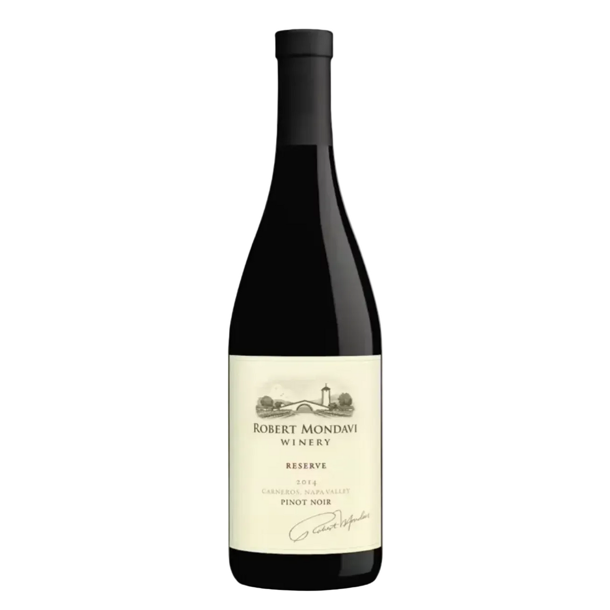 Black wine bottle with a cream-colored label featuring a sketch of a bridge and lighthouse, labeled Robert Mondavi Reserve Pinot Noir, Napa Valley, 2014
