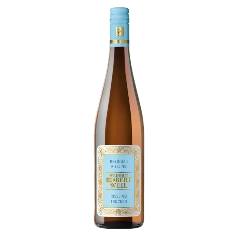 A bottle of Robert Weil Rheingau Riesling Trocken white wine, featuring a light blue neck wrap and a detailed gold and blue label, set against a plain white background.