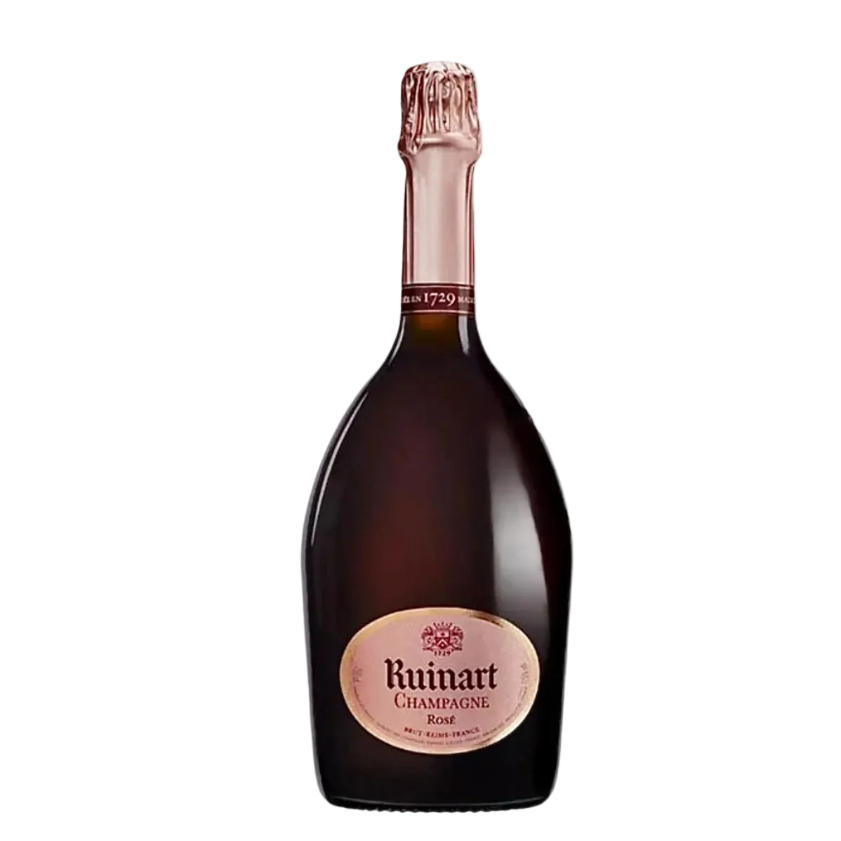 Ruinart Rosé Champagne bottle with pink foil and label, showcasing luxury French sparkling wine from FINE & WILD UK. Ideal for gifting or celebrations.