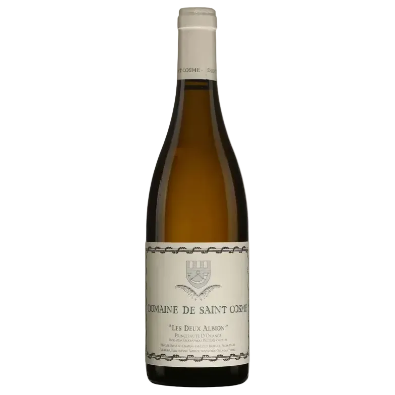 Domaine de Saint Cosme Les Deux Albion Blanc white wine bottle with beige label and white capsule, Rhône region