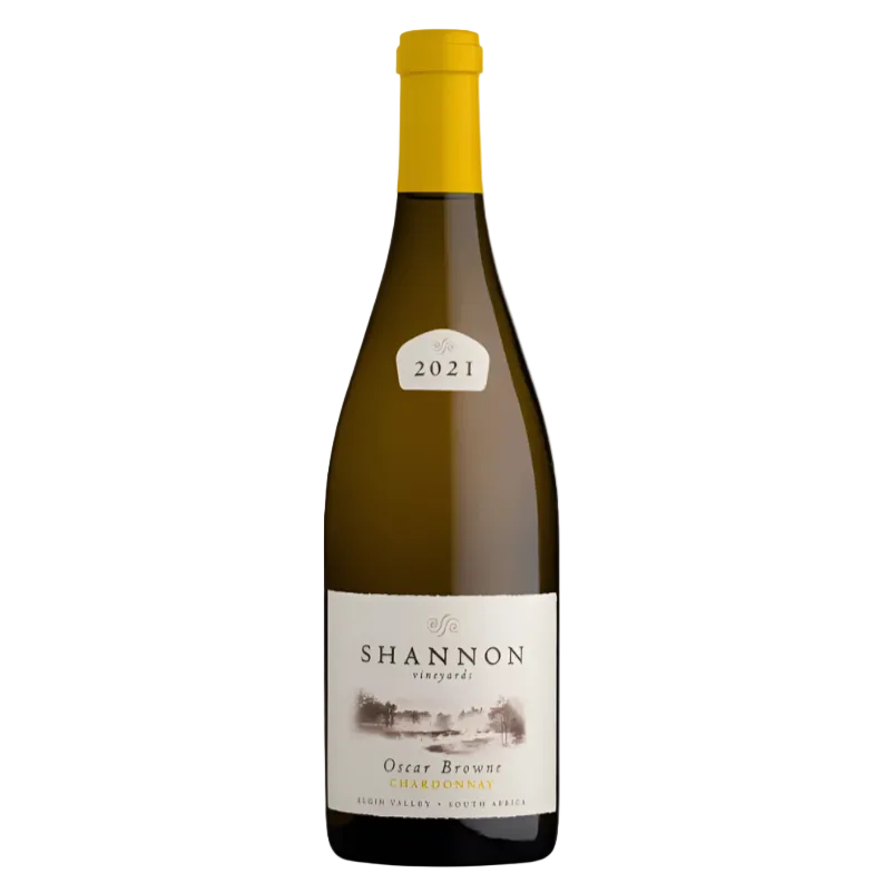 Shannon Oscar Browne Chardonnay 2021 white wine bottle from Elgin Valley, South Africa, featuring elegant label design and vintage seal.