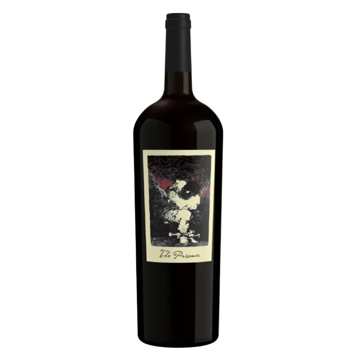 Dark glass bottle of The Prisoner Red Blend wine with a black and white label featuring an artistic illustration and the text 'The Prisoner' at the bottom