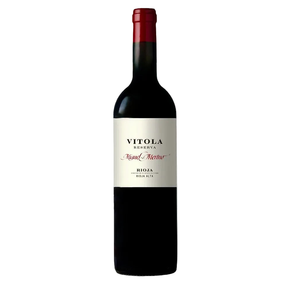 Vitola Reserva Rioja Miguel Merino 2020 Spanish red wine bottle with red foil top and elegant cream label. Premium Tempranillo from Rioja Alta.