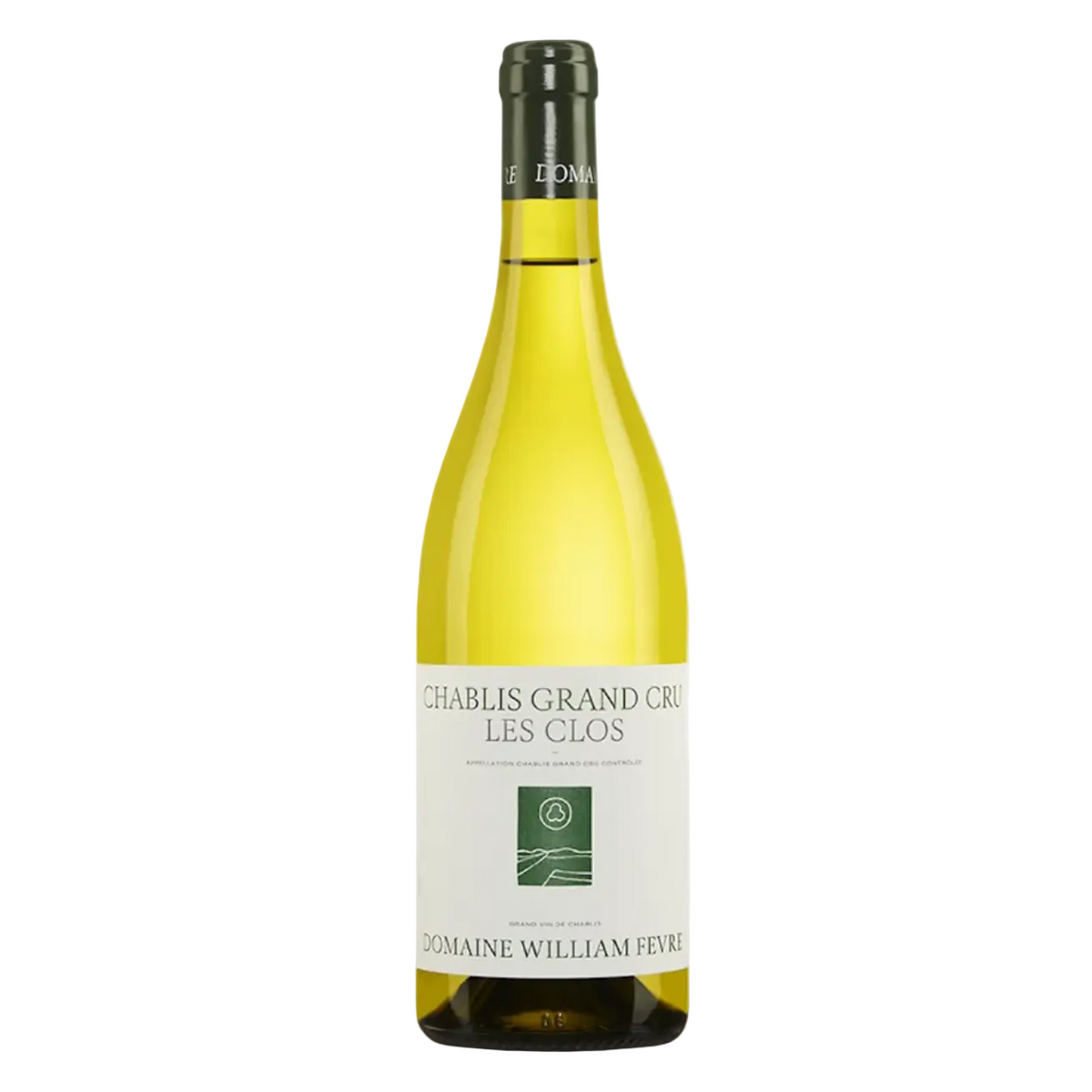 Domaine William Fèvre Chablis Grand Cru Les Clos white wine bottle with a yellow-green hue, elegant label, and green capsule, ideal for wine enthusiasts.