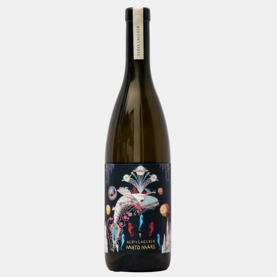 Wine bottle with a decorative label on a white background