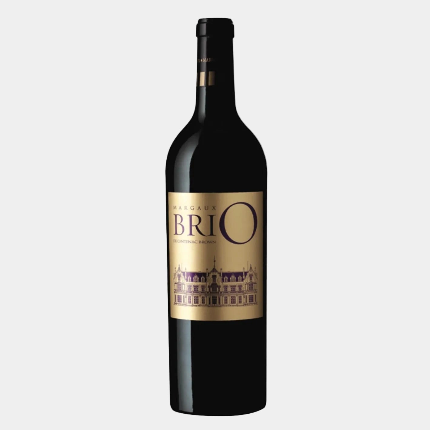 A bottle of Chateaux Brio red wine with a black glass body and a prominent gold label featuring the brand name 'Chateaux Brio' and a chateau illustration, set against a plain white background.