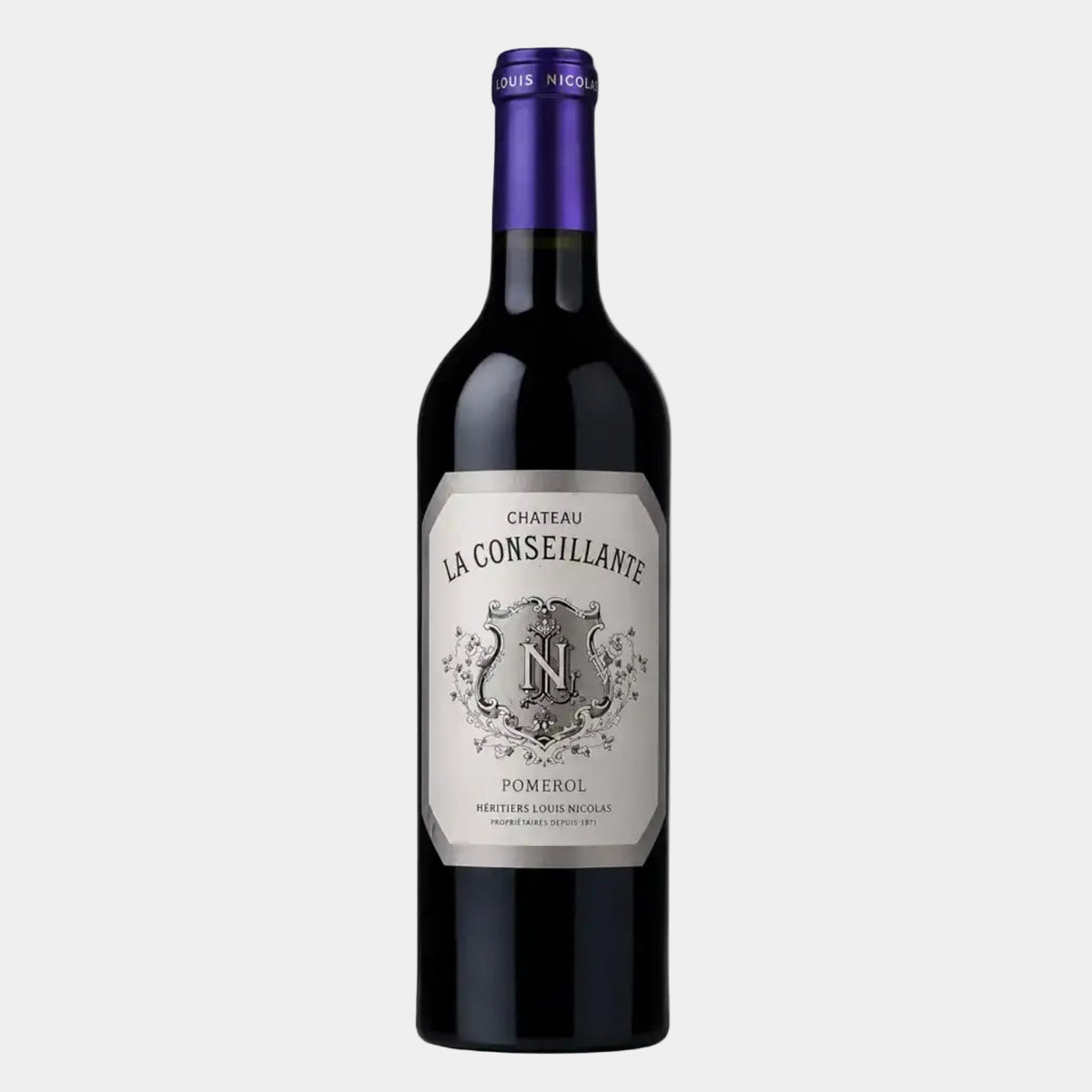 A bottle of Chateau La Conseillante Pomerol red wine, featuring a dark glass bottle with a white label and a metallic purple foil seal at the neck, set against a plain light gray background.