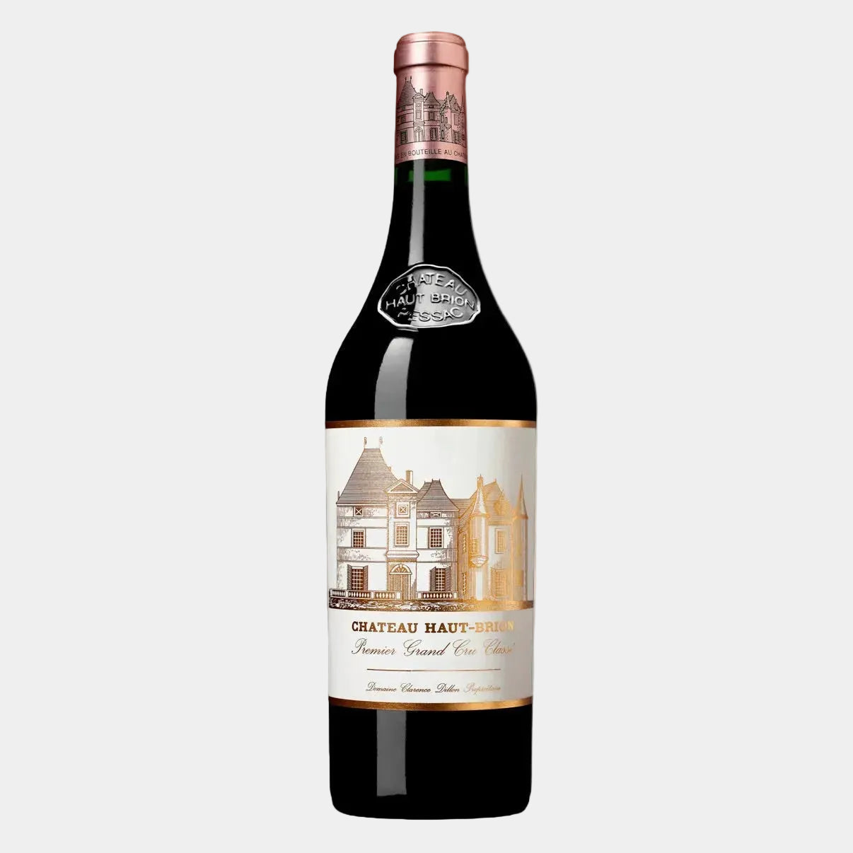 A bottle of Chateau Haut-Broue Premier Cru red wine, featuring a dark glass bottle with a cream-colored label depicting a chateau illustration, and a copper-colored foil capsule at the neck.