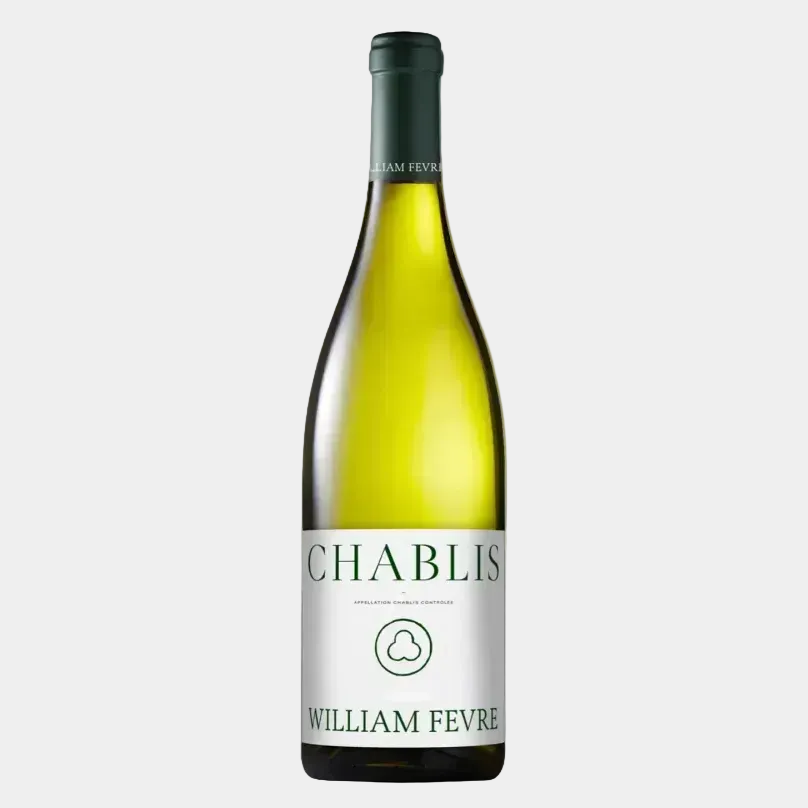 Wine bottle labeled 'Chablis' by 'William Fevre' on a white background