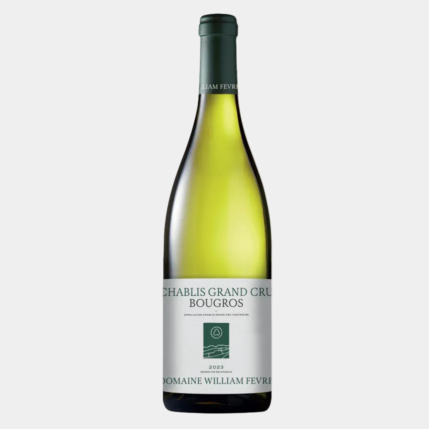 Bottle of Chablis Grand Cru Bougros wine with text on a white background