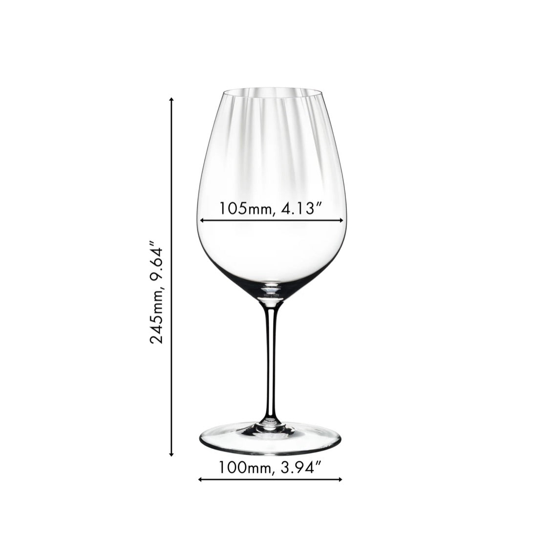 Elegant RIEDEL Performance Cabernet / Merlot wine glass with tall bowl, clear crystal, measuring 245mm height, 105mm diameter, perfect for Bordeaux wines.