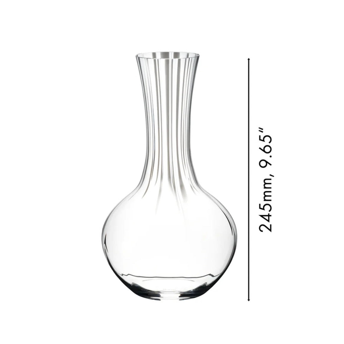 Riedel Performance Decanter with large glass bowl, long thin glass neck. Measurements shown as 259mm tall. 