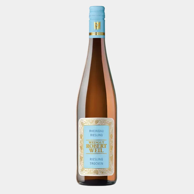 A bottle of Robert Weil Rheingau Riesling Trocken white wine, featuring a light blue neck wrap and a detailed gold and blue label, set against a plain white background.