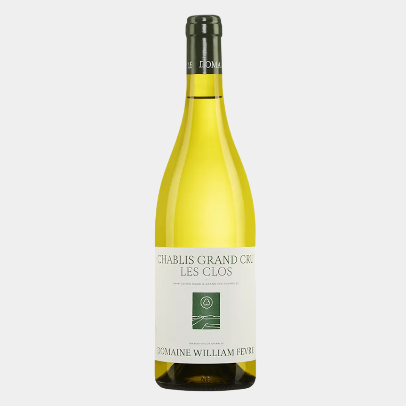 White Wine Bottle with Les Clos Chablis Premier Cru written on the label on a grey background. 