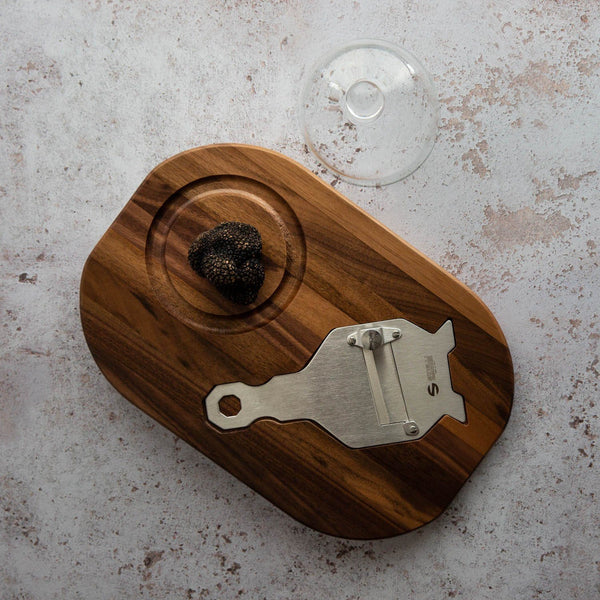 Dark wood Truffle Presentaion Board With Slicer & Glass Dome UK